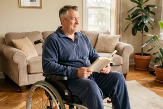 Homme adulte en pyjama grenouillère bleu marine à fermeture éclair assis dans un fauteuil roulant motorisé dans un salon chaleureux