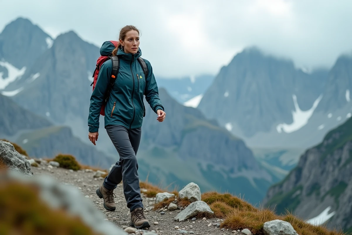 Femme randonneuse en veste technique de montagne sur un sentier alpin rocheux avec panorama de sommets enneigés en arrière-plan