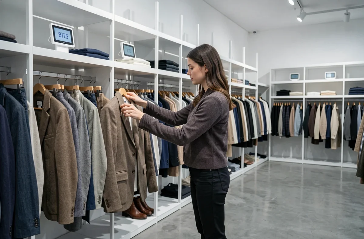 Intérieur épuré de la friperie Reshop avec des vêtements de seconde main soigneusement classés sur des étagères blanches