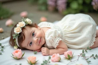 Robe de baptême bébé en coton blanc ivoire avec broderie anglaise posée sur du lin entourée de roses de printemps
