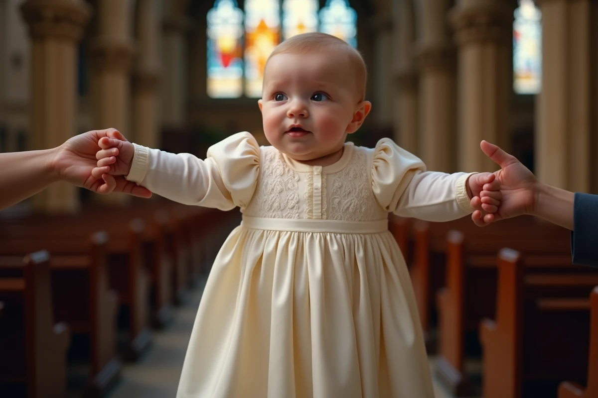 Robe de baptême longue en soie et dentelle pour bébé garçon tenu dans une église en pierre en automne