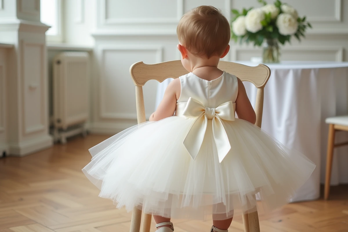 Bébé fille en robe de baptême blanche en tulle et satin assise sur une chaise en bois dans un salon décoré pour une cérémonie d'été