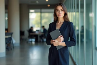 Femme élégante en robe midi bleue marine dans un couloir de bureau moderne, style professionnel sobre