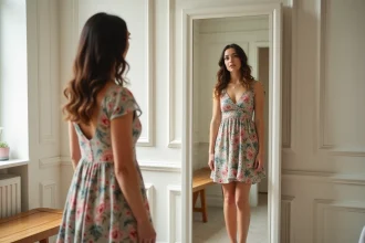 Femme en robe cocktail fleurie mal ajustée devant un miroir en boutique, illustrant les erreurs de silhouette à éviter