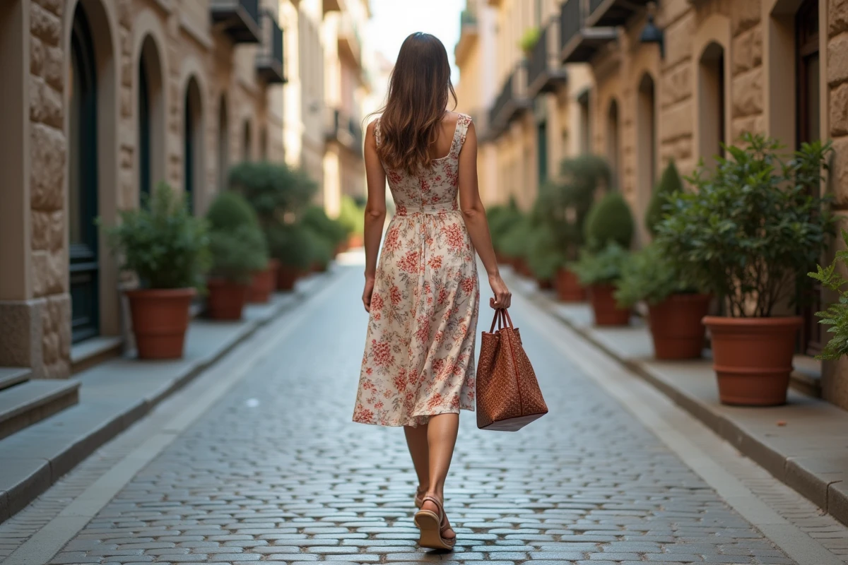 Femme en robe fleurie cocktail avec accessoires mal assortis dans une rue pav&eacute;e, exemple d'erreur de style vestimentaire