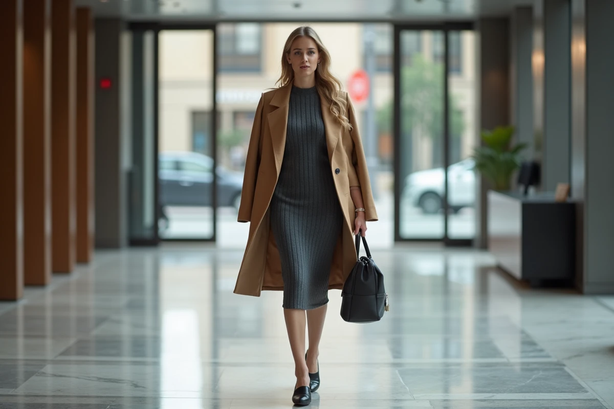 Femme en robe grise anthracite et manteau camel traversant le hall d'un immeuble de bureaux contemporain