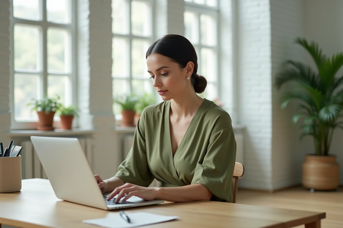 Femme en robe portefeuille vert olive assise à un bureau minimaliste en bois dans un espace de travail contemporain