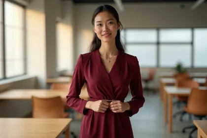 Femme en robe SINEQUANONE bordeaux ajustant une ceinture dorée dans un bureau moderne lumineux