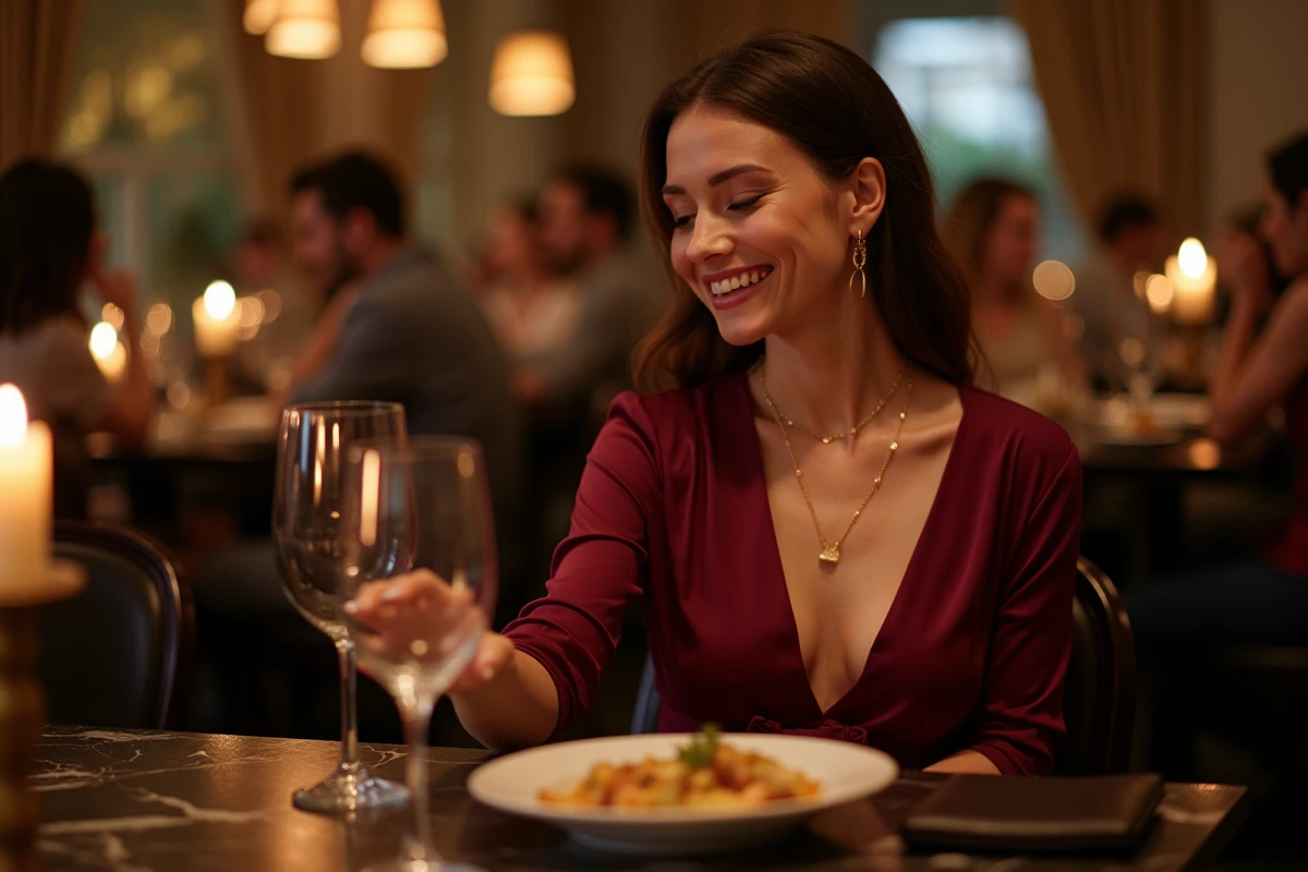 Femme en robe SINEQUANONE bordeaux accessoirisée pour un dîner au restaurant avec bijoux dorés