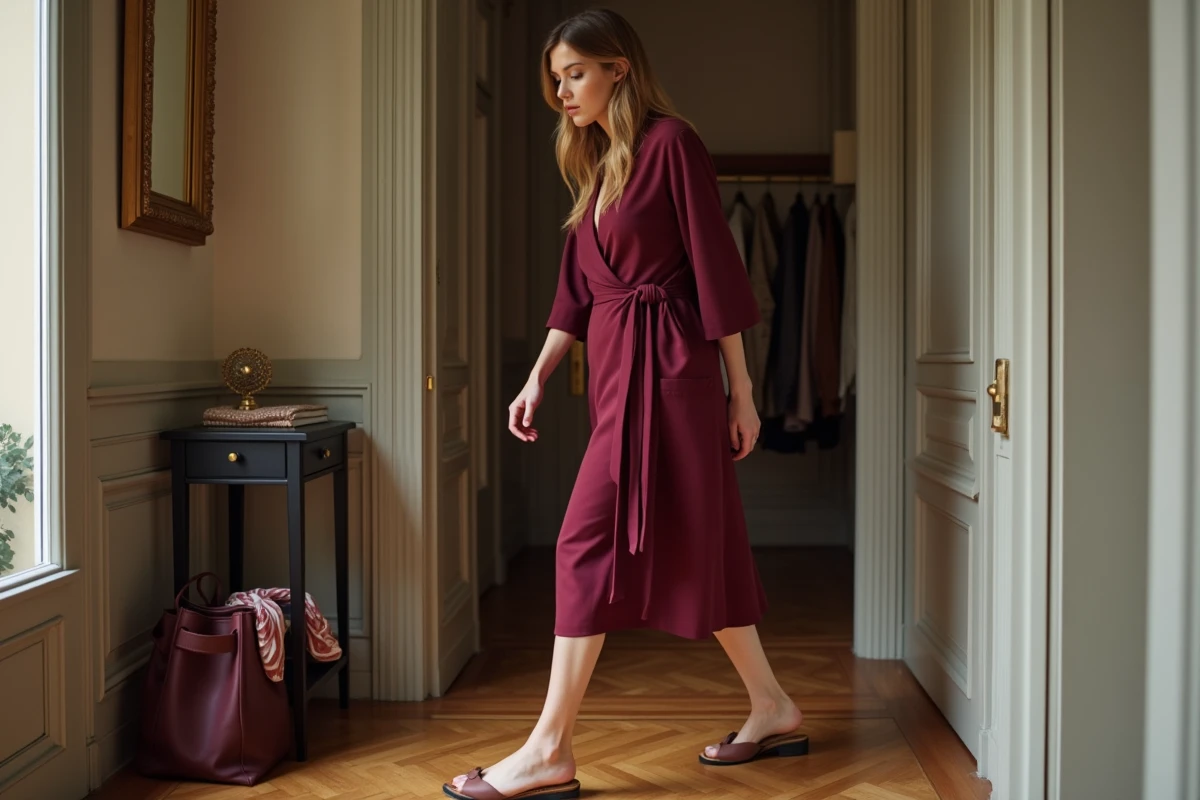 Femme changeant de chaussures dans un appartement parisien pour transformer sa robe SINEQUANONE du bureau au dîner