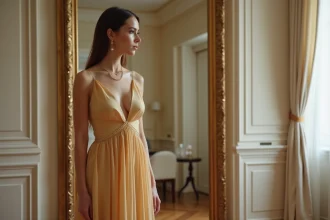 Femme en robe de soirée dorée longue avec accessoires minimalistes devant un miroir doré dans un appartement parisien élégant