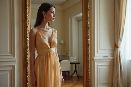 Femme en robe de soirée dorée longue avec accessoires minimalistes devant un miroir doré dans un appartement parisien élégant