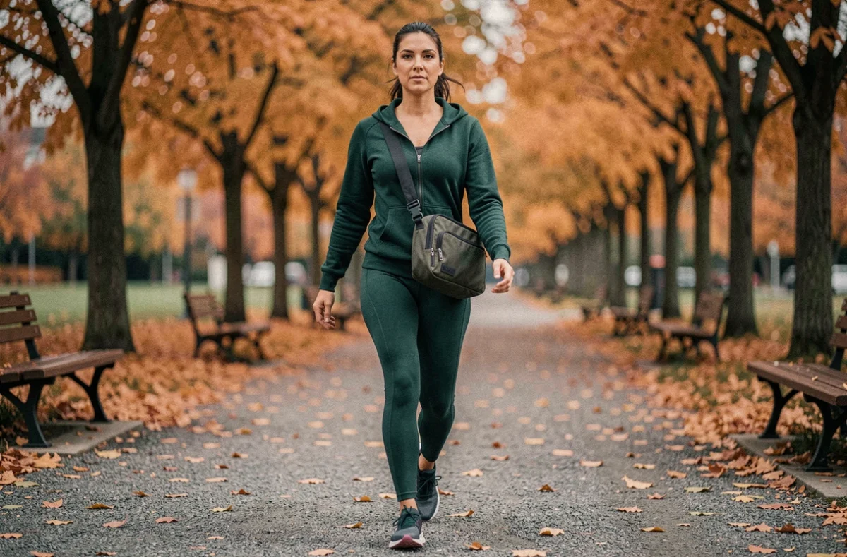 Femme active portant un sac crossbody pratique multipoches lors d'une promenade dans un parc en automne