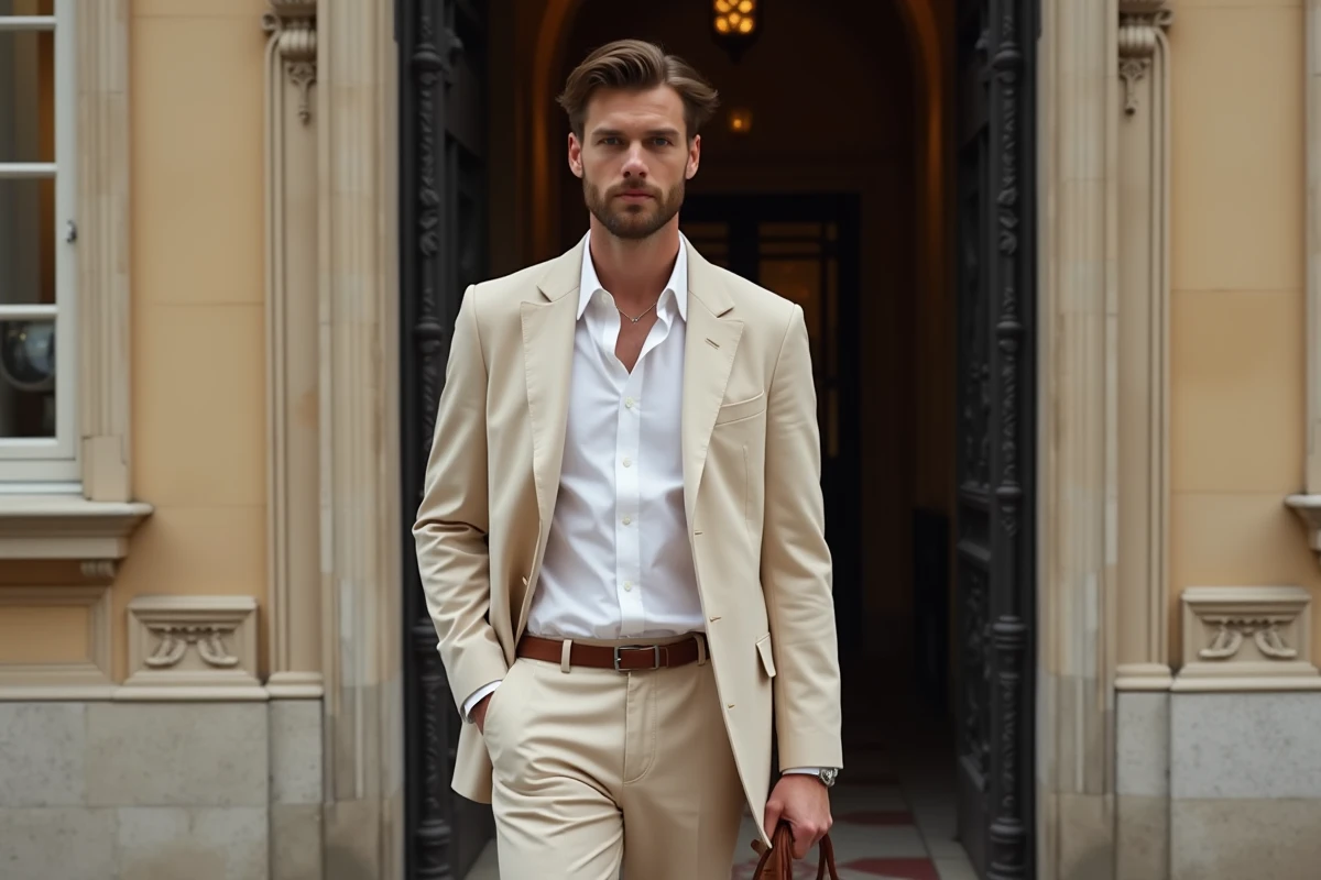 Homme en costume beige en lin tenant une sacoche en daim marron devant un immeuble haussmannien parisien