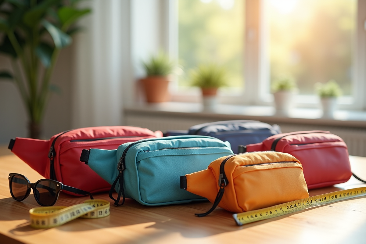 Plusieurs sacs banane colorés sur une table en bois