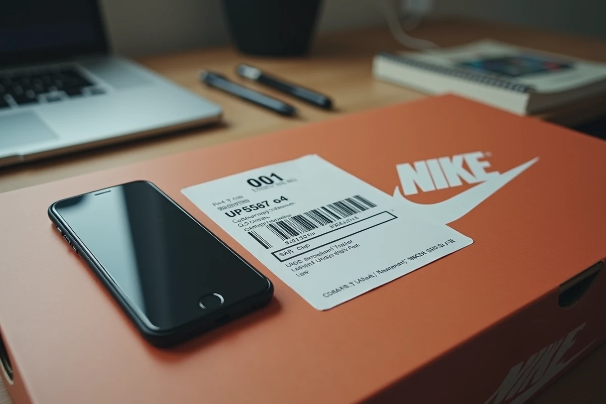 Étiquette de boîte Nike en vue de dessus avec code-barres UPC, numéro SKU et smartphone pour scanner le code