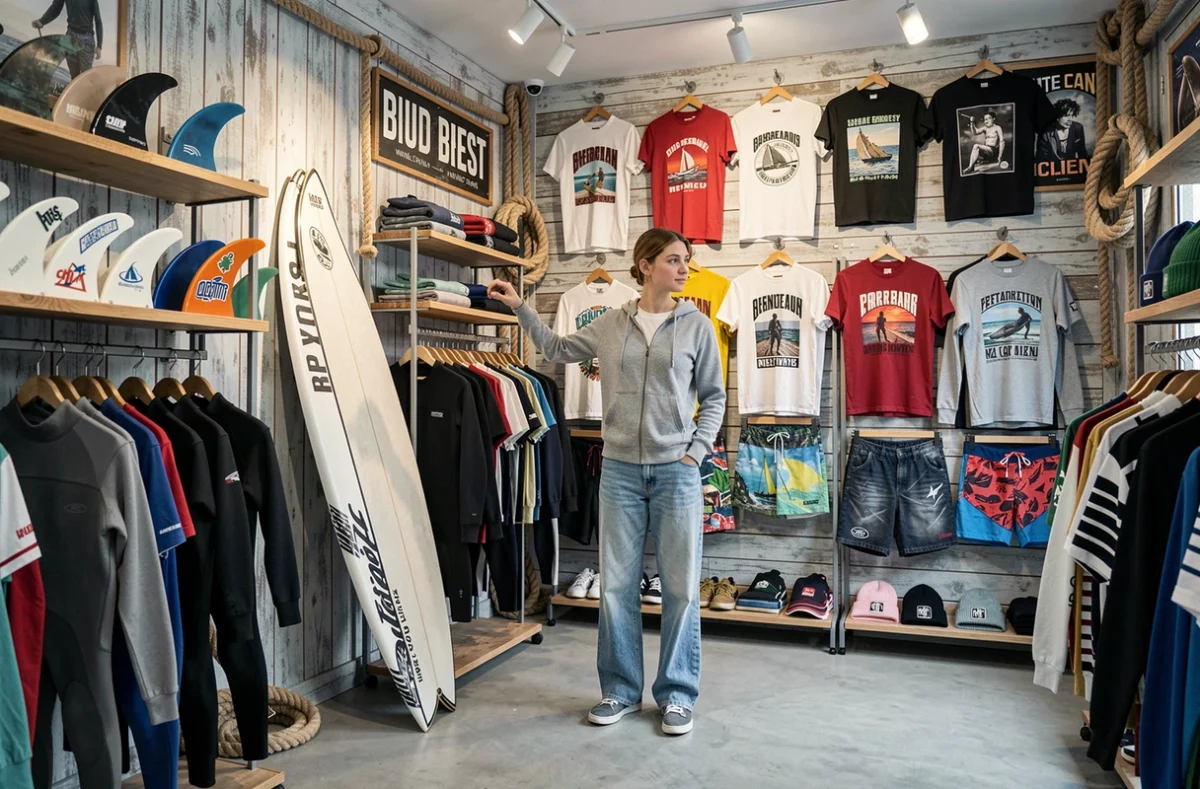 Boutique Side Shore Skate Surf Shop à Brest avec planches de surf, combinaisons et collections streetwear dans une ambiance glisse