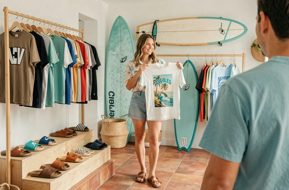 Boutique So Slide à Quimper avec intérieur surf culture, sandales en exposition et cliente feuilletant les collections streetwear