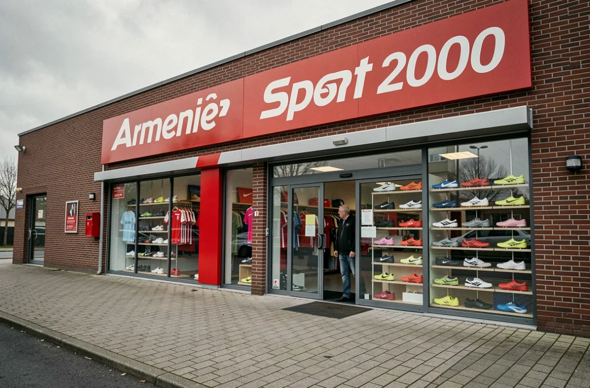Façade extérieure du Sport 2000 à Armentières avec vitrine de chaussures et vêtements de sport
