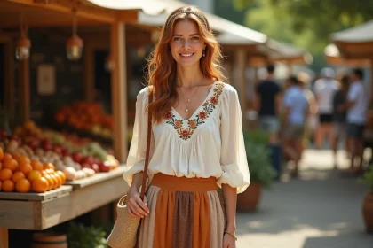 Jeune femme en tenue hippie années 70 avec jupe patchwork et blouse brodée au marché en plein air