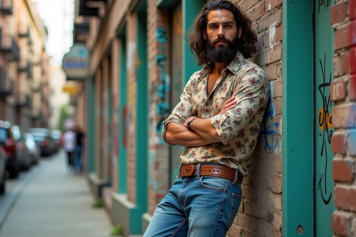 Homme barbu en style hippie retro avec chemise fleurie et jean flare contre un mur de briques urbain