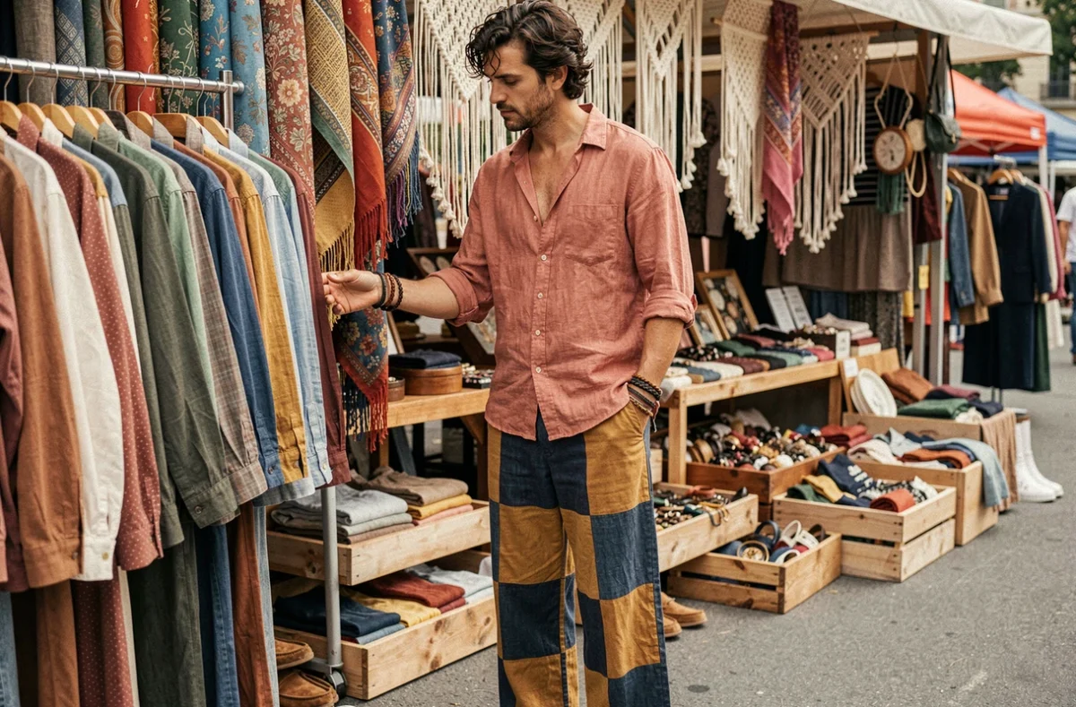 Homme en tenue hippie bohème parcourant des vêtements vintage dans un marché aux puces en plein air