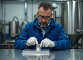 Technicien inspectant une pièce métallique en electroplating