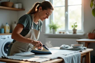 Femme teignant du tissu polyester avec un fer à repasser sur une planche à repasser dans une buanderie