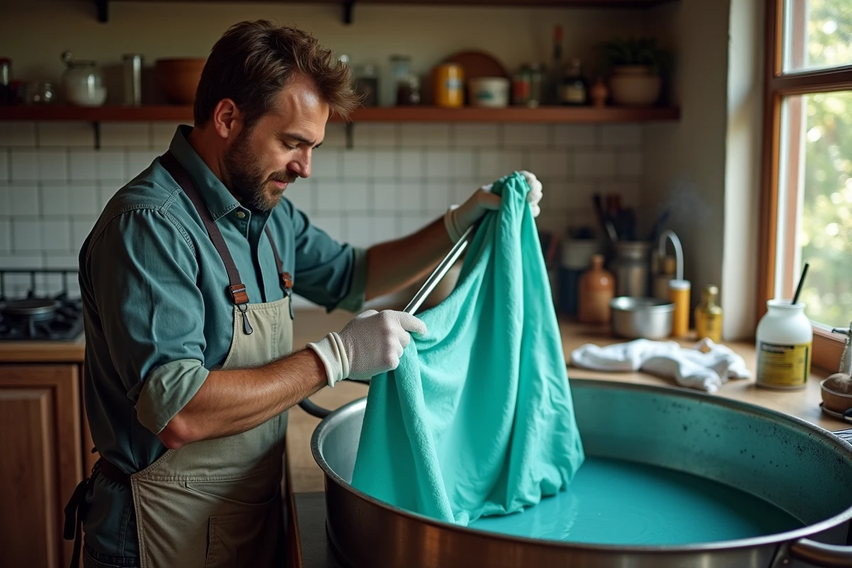 Homme teignant du polyester au bain-marie dans une grande casserole sur une cuisinière