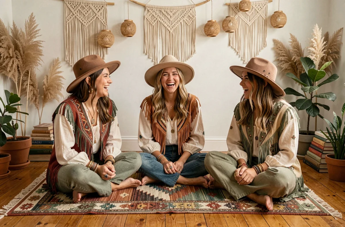 Trois femmes en tenues bohèmes et hippies assises sur un tapis kilim dans un intérieur décoré de style boho