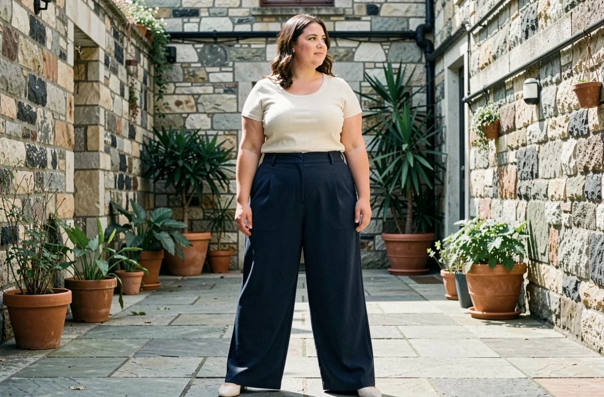 Femme ronde en pantalon large taille haute Thehalara bleu marine et top crème, photographiée dans une cour urbaine ensoleillée avec murs en pierre