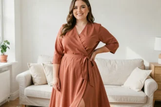 Femme à morphologie ronde portant une robe Thehalara en tissu fluide terracotta, mise en valeur par une coupe enveloppante dans un intérieur scandinave