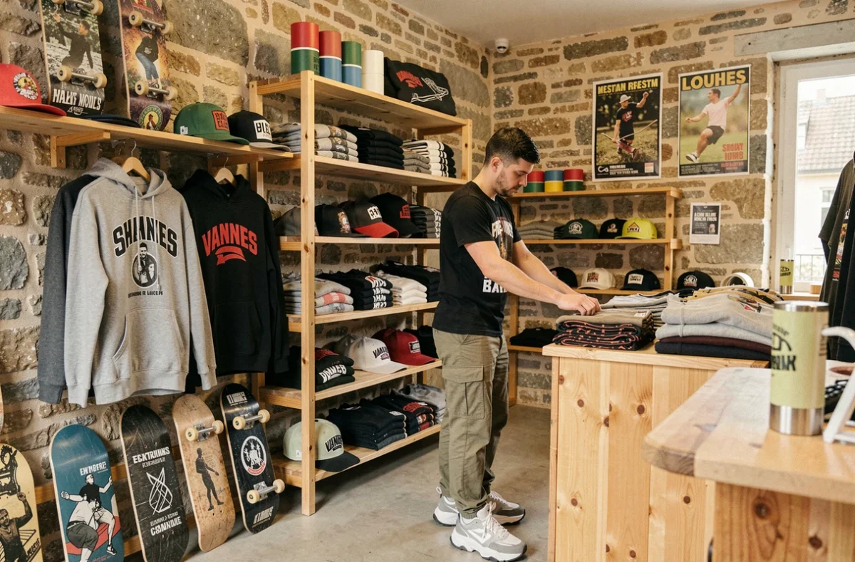 Intérieur de la boutique Urban Peak à Vannes avec rayonnages en bois, planches de skate et vêtements streetwear sur murs en pierre