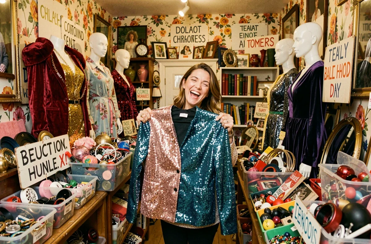 Very Bad Frip avec des tenues extravagantes des années 80 sur des mannequins et une cliente hilare tenant une veste à épaulettes