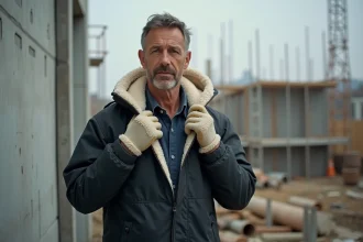 Ouvrier de chantier portant une veste de travail avec doublure sherpa visible sur un site industriel en béton