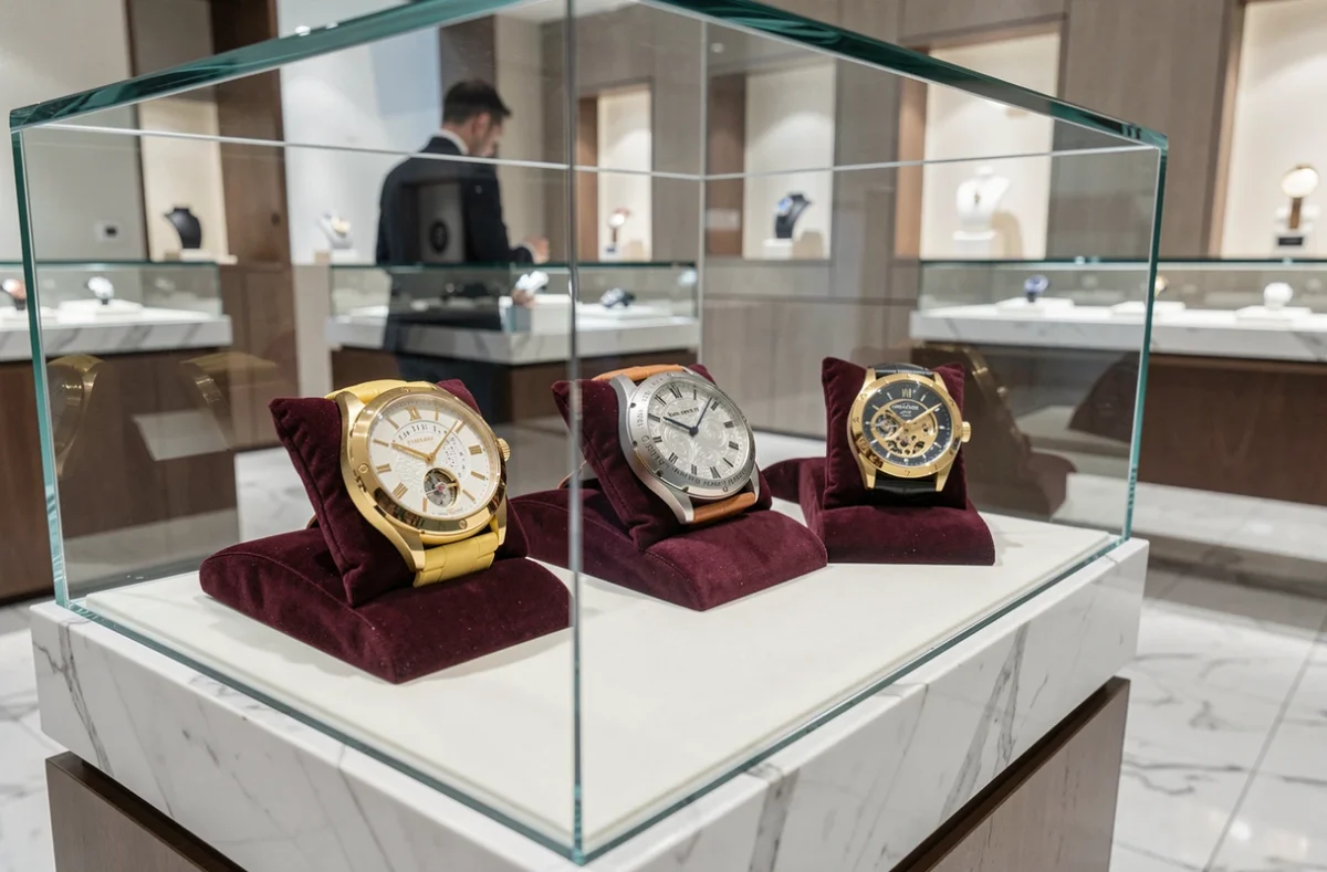 Vitrine de boutique horlogère suisse présentant trois montres de haute complication sur coussins en velours bordeaux