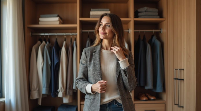 Femme stylée devant son dressing organisé en matinée
