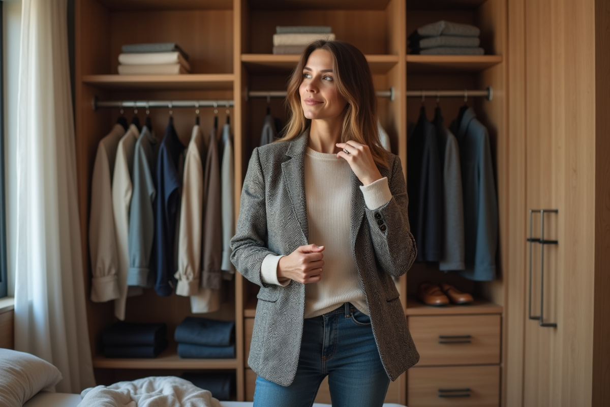 Femme stylée devant son dressing organisé en matinée